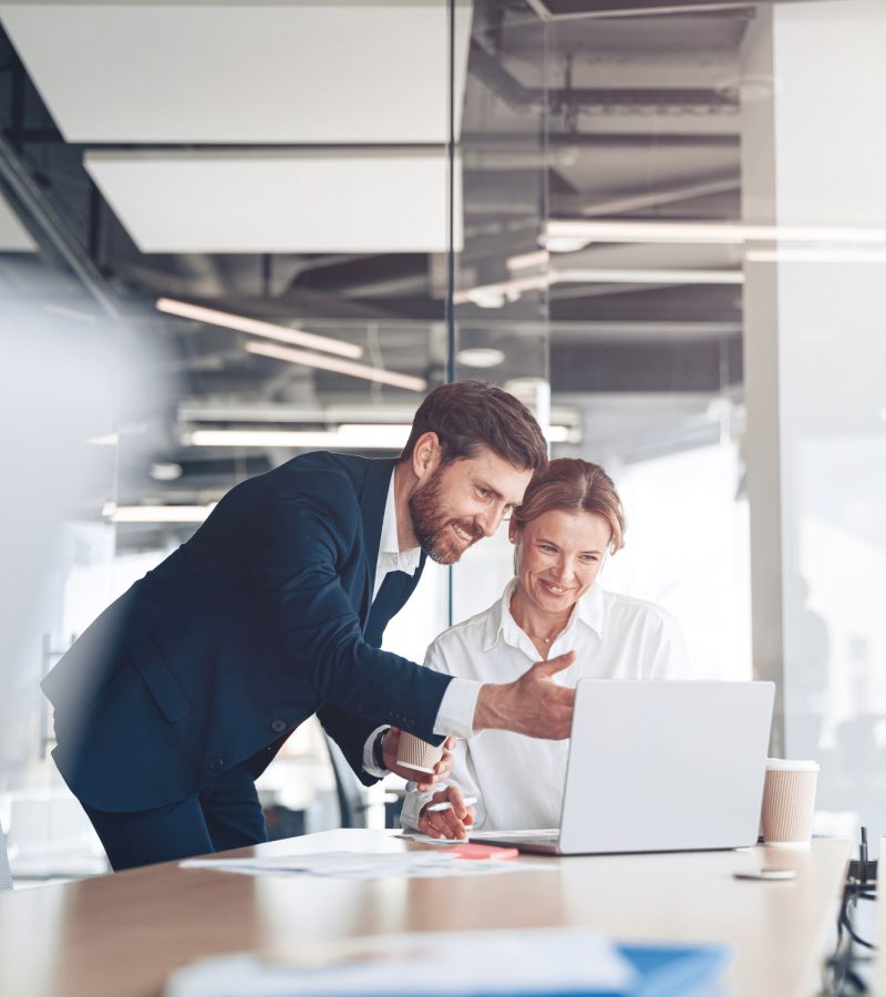 Happy employee showing presentation to mature female boss for discussing online project